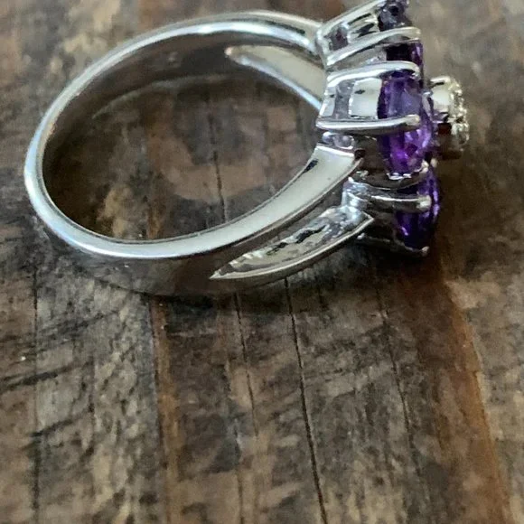 -Sterling Amethyst Floral Ring | Size 5 | Celestial Luxe Sparkle - Picture 7 of 14